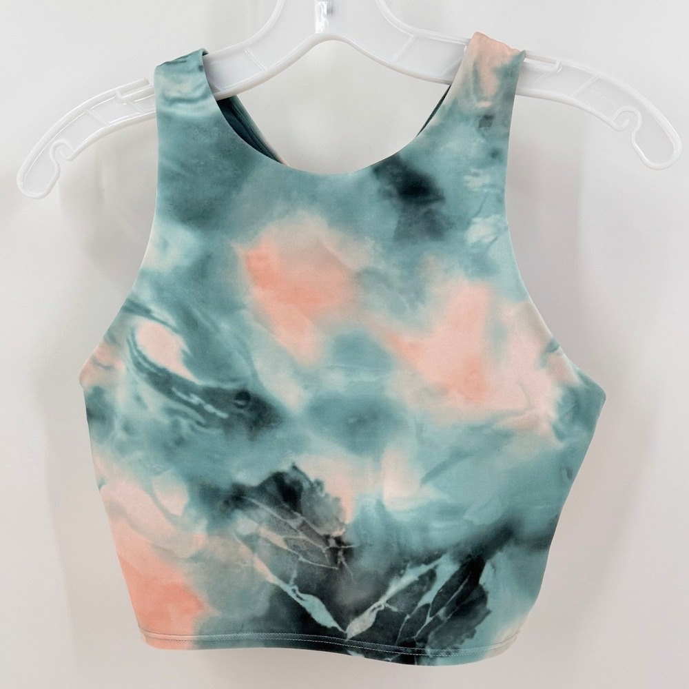 ATHLETA Conscious Crop Tank Bra Tie Dye Teal Pink High Neck Sports Bra Top